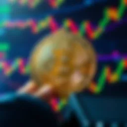 A close-up of a Bitcoin coin surrounded by graphic charts showing a price increase, symbolizing the recent surge beyond all-time high.