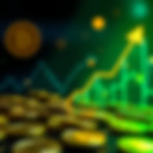 A Bitcoin graphic showing an upward trend with gold coins in the background, symbolizing investment growth.