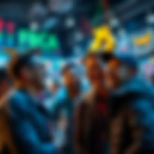 People laughing and discussing Bitcoin's price rise in a lively market setting.