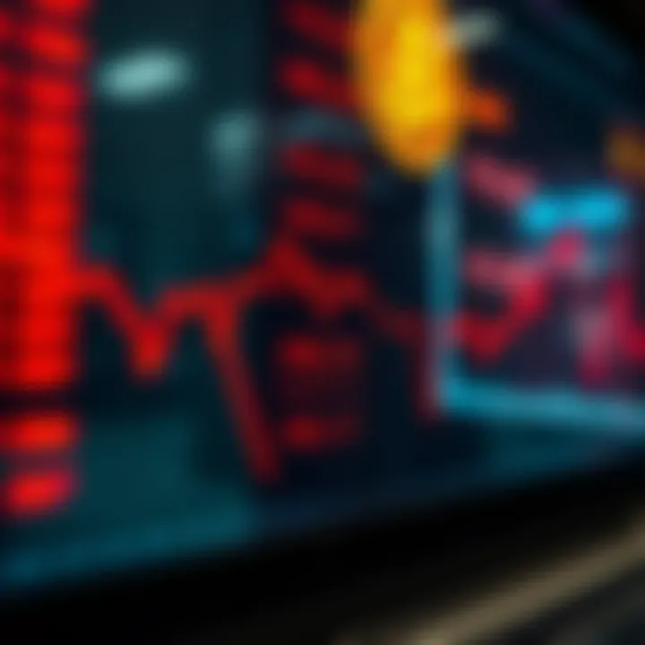 A stock market display showing declining Bitcoin prices with a focus on red numbers