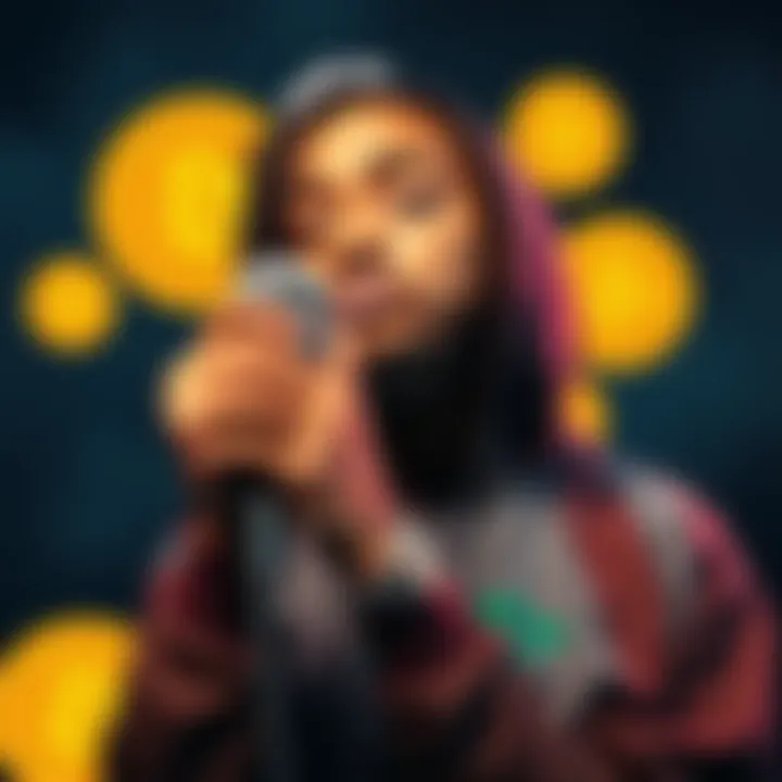 A rapper holding a microphone with Bitcoin symbols in the background, illustrating the connection between hip hop and cryptocurrency.