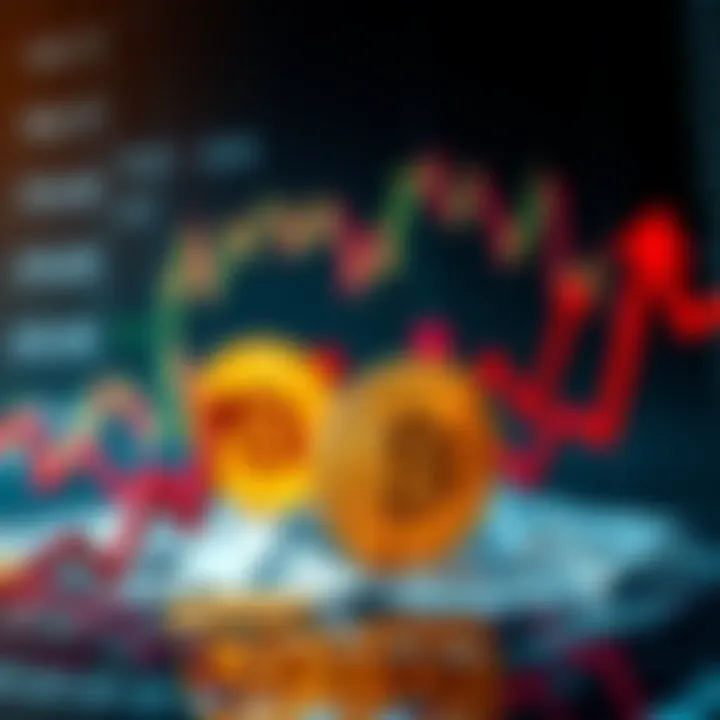 A visual representation of Bitcoin symbols standing strong against a backdrop of fluctuating stock market graphs and red arrows, showcasing its stability during volatility.