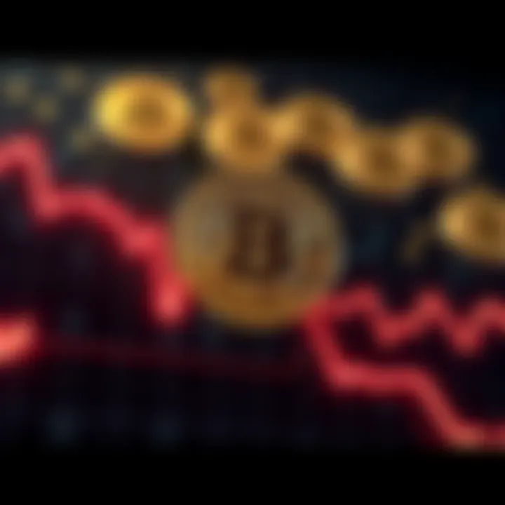 A graph showing Bitcoin's fluctuating value with arrows indicating rising and falling trends, set against a backdrop of digital currency symbols.