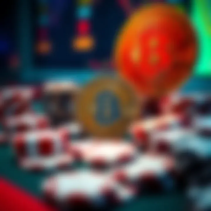 A visual representation of Bitcoin and stablecoins like Tether used in online gambling activities, with graphics of poker chips and digital currencies