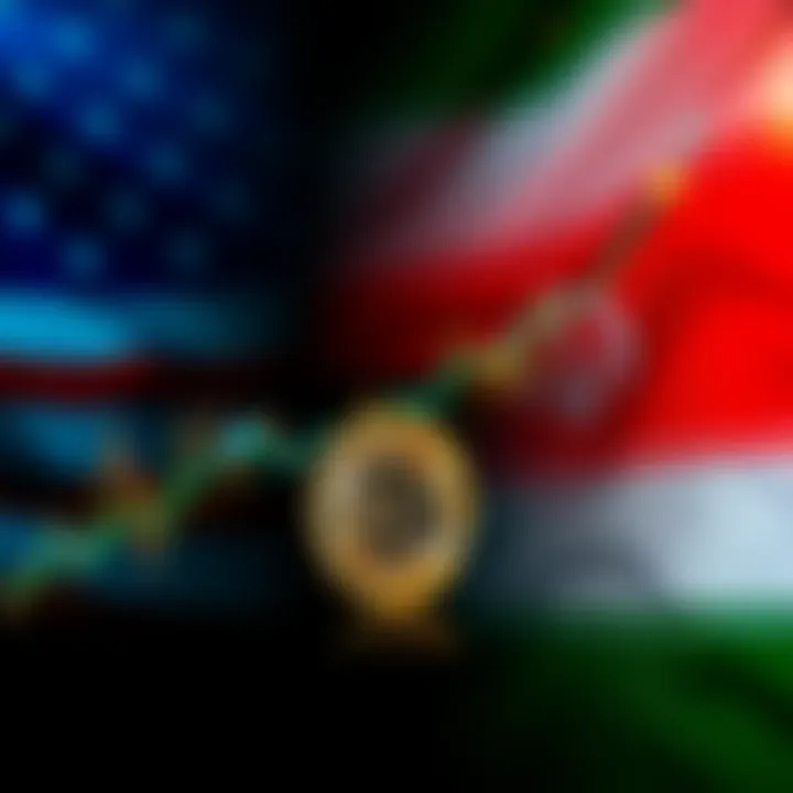 Graph showing rising Bitcoin prices with a backdrop of flags representing the U.S. and Iran