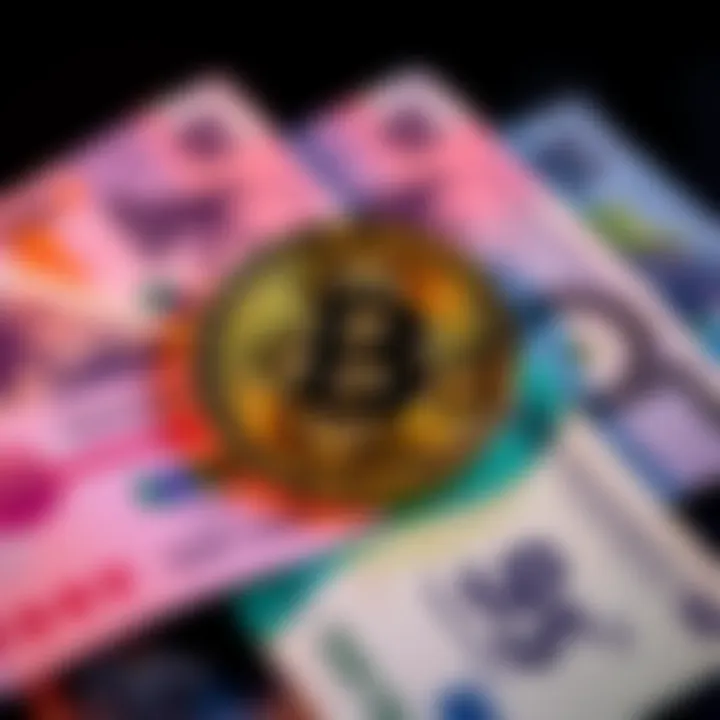 A Bitcoin symbol displayed on top of various currency notes, representing the concept of Bitcoin as a mainstream money option