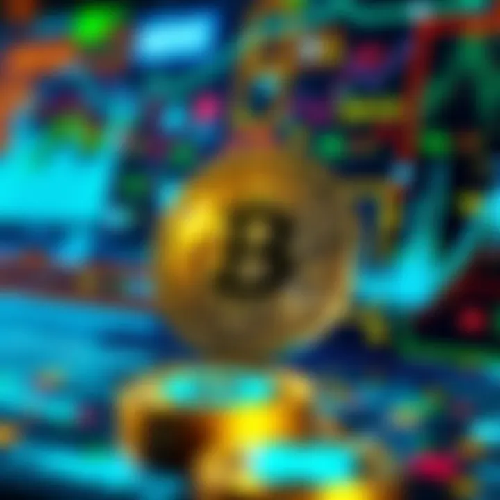 A close-up of the Bitcoin symbol surrounded by digital graphics representing technology and finance