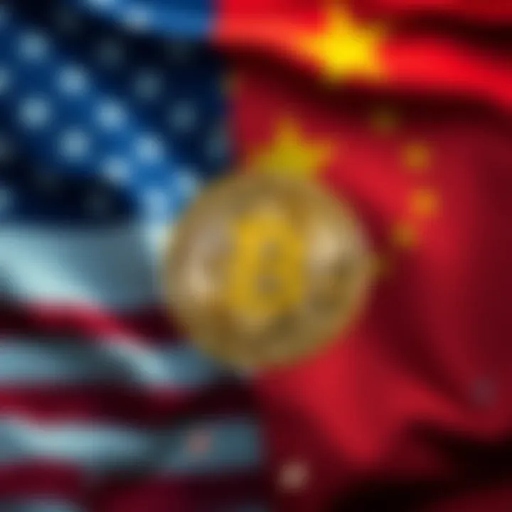 Depiction of Bitcoin falling with a backdrop of a U.S. and China flag symbolizing trade tensions