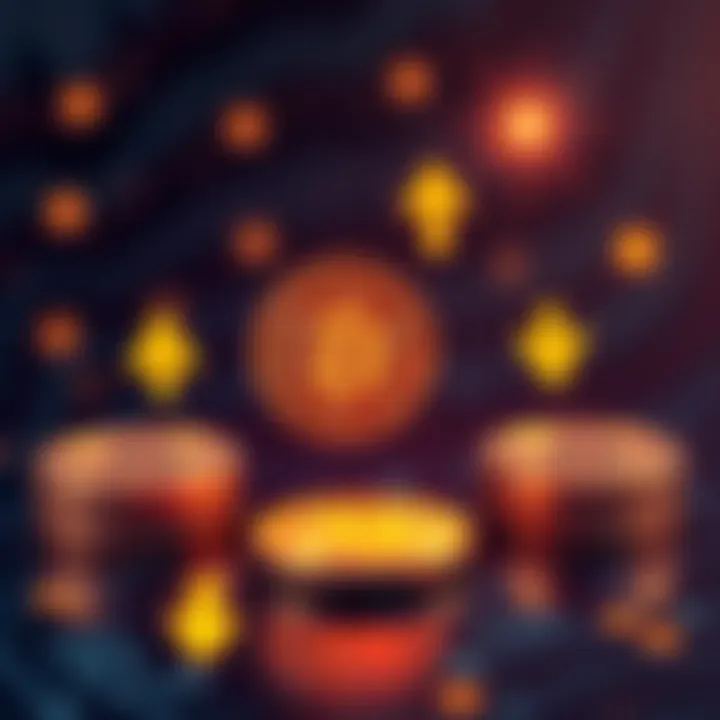 A graphic showing Bitcoin coins with arrows indicating transaction flows and fees