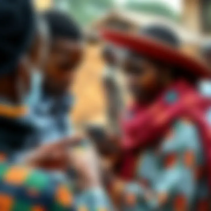 Young African vendors accepting Bitcoin payments with smartphones, showcasing the rise of cryptocurrency in the region.