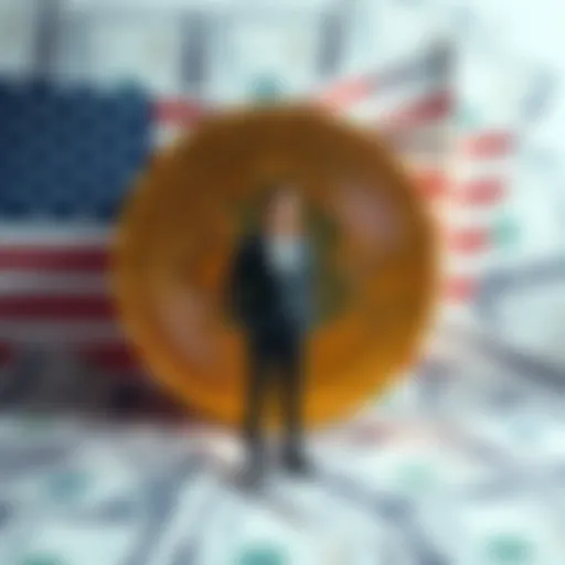 MicroStrategy CEO stands in front of a Bitcoin symbol with a backdrop of U.S. currency, highlighting Bitcoin's role in finance