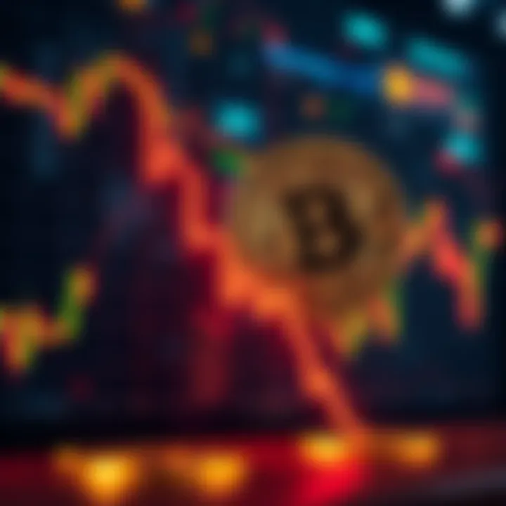 A chart showing a downward trend in Bitcoin prices with market indicators in the background