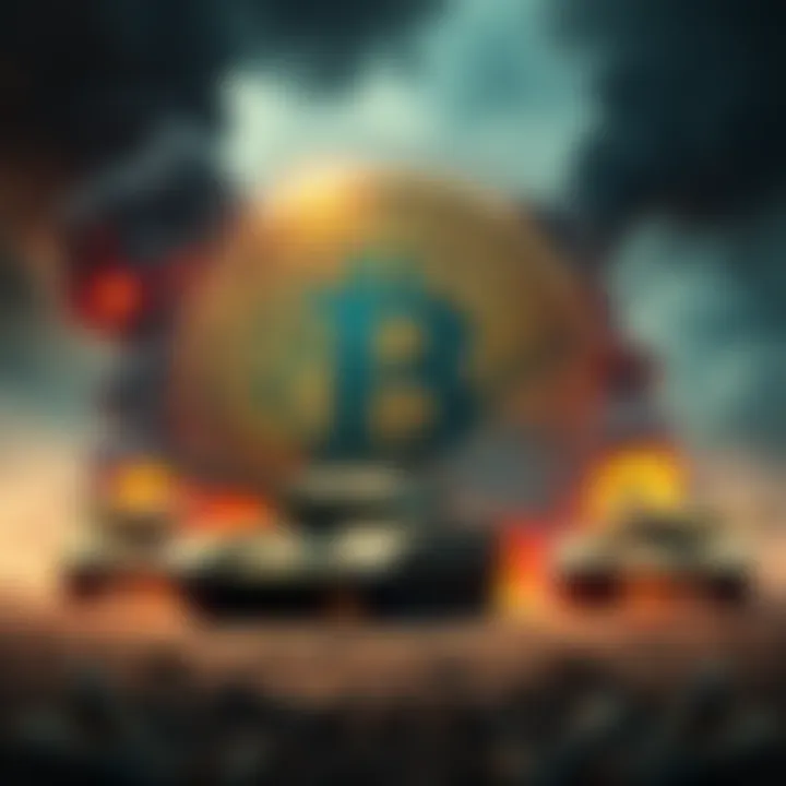 The Bitcoin symbol surrounded by elements representing conflict, like tanks and smoke.