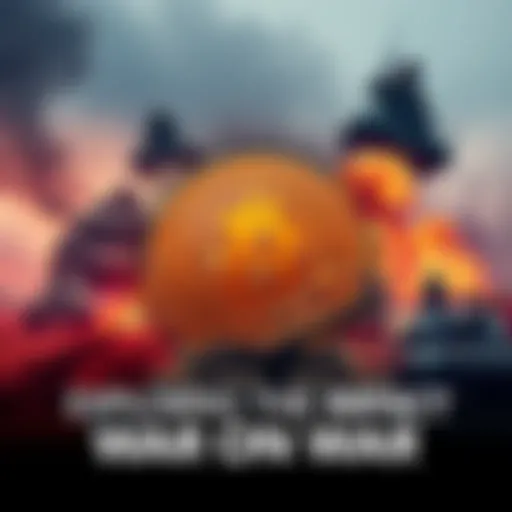 A Bitcoin symbol surrounded by images of war, like tanks and smoke, showing the impact of conflict on its value