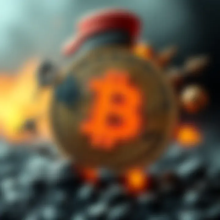 Bitcoin symbol surrounded by icons representing war and peace, depicting its role in funding and defunding conflicts.