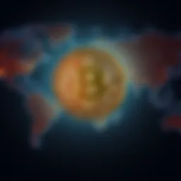 A Bitcoin symbol overlaying a world map, representing the global impact of cryptocurrency on financial freedom.