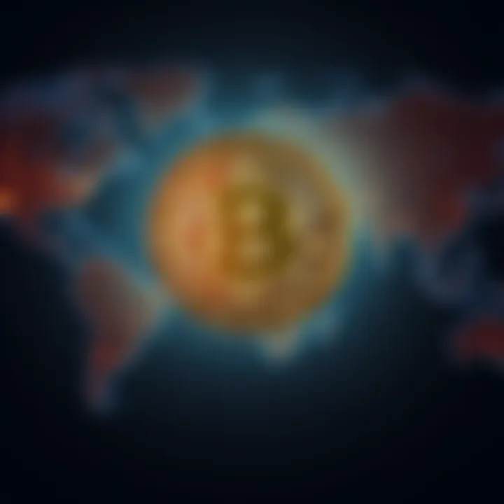 A Bitcoin symbol overlaying a world map, representing the global impact of cryptocurrency on financial freedom.