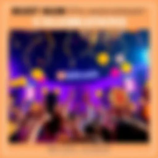 A festive scene with Bitcoin coins and balloons symbolizing Bitcoin's 17th birthday, surrounded by a cheering crowd.