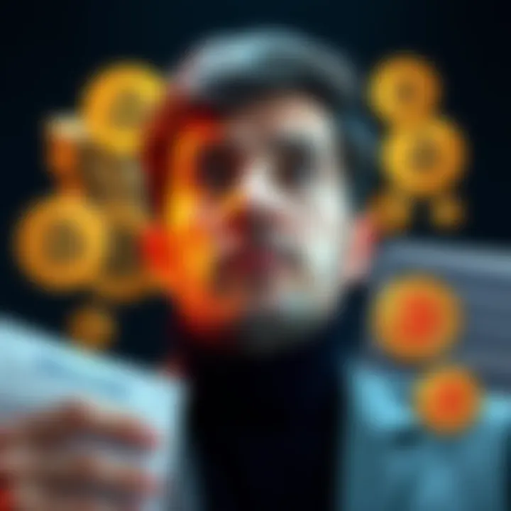 A person contemplating the choice between investing in Bitcoin and traditional 401k funds, with Bitcoin symbols and 401k paperwork side by side.