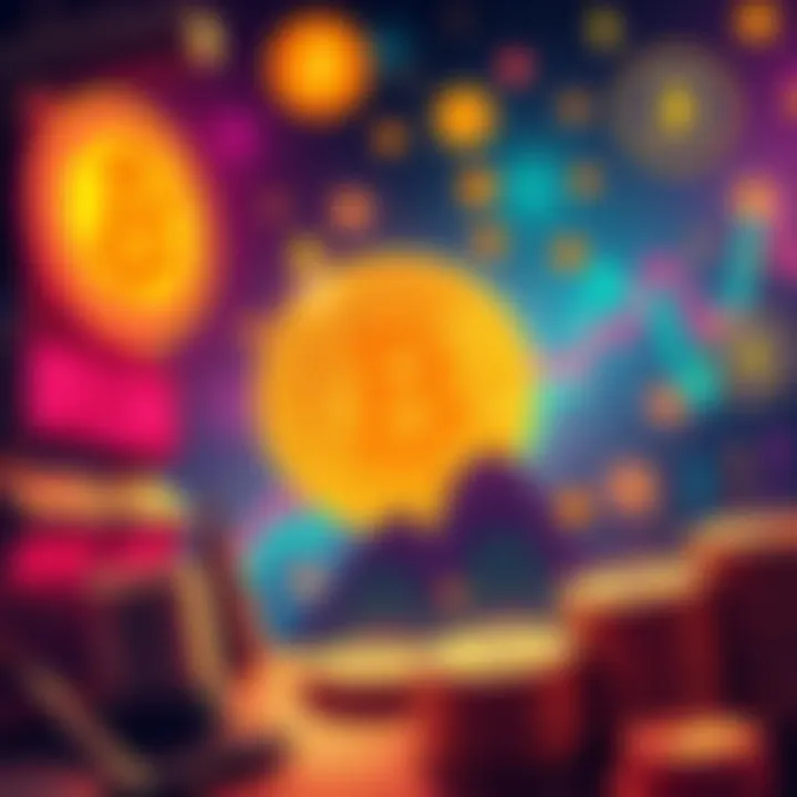 Bitcoin and 80s Finance A visual comparison of Bitcoin trends alongside 1980s financial symbols, showcasing retro graphics and modern crypto elements.