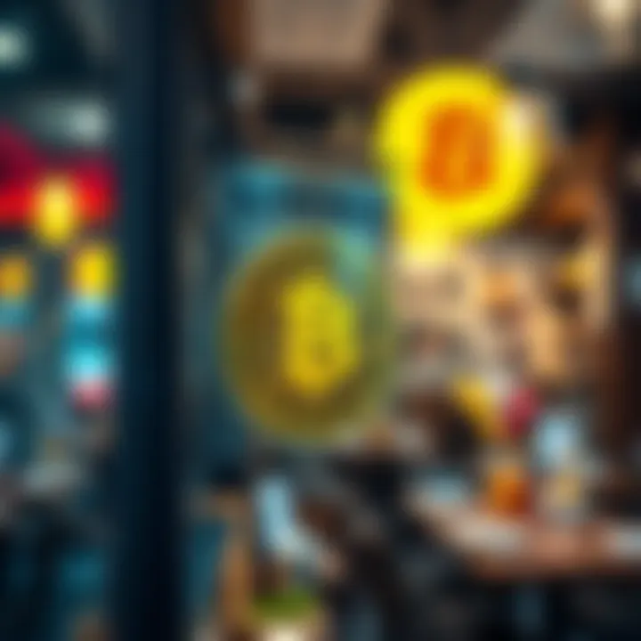 A restaurant sign displaying Bitcoin accepted as payment with a Bitcoin logo and food items in the background