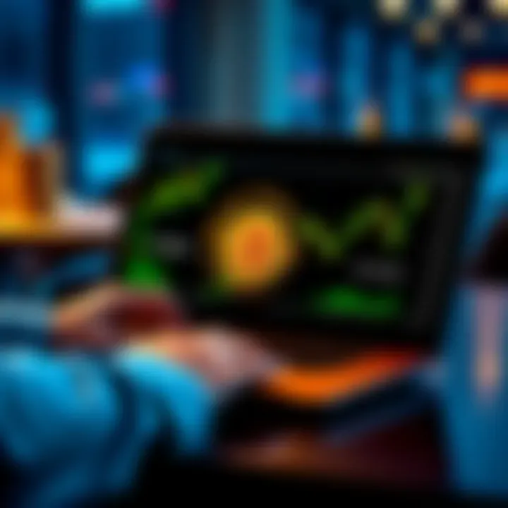 A person calculating expenses with a laptop and Bitcoin graphics on the screen, symbolizing smart investing during market downturns.