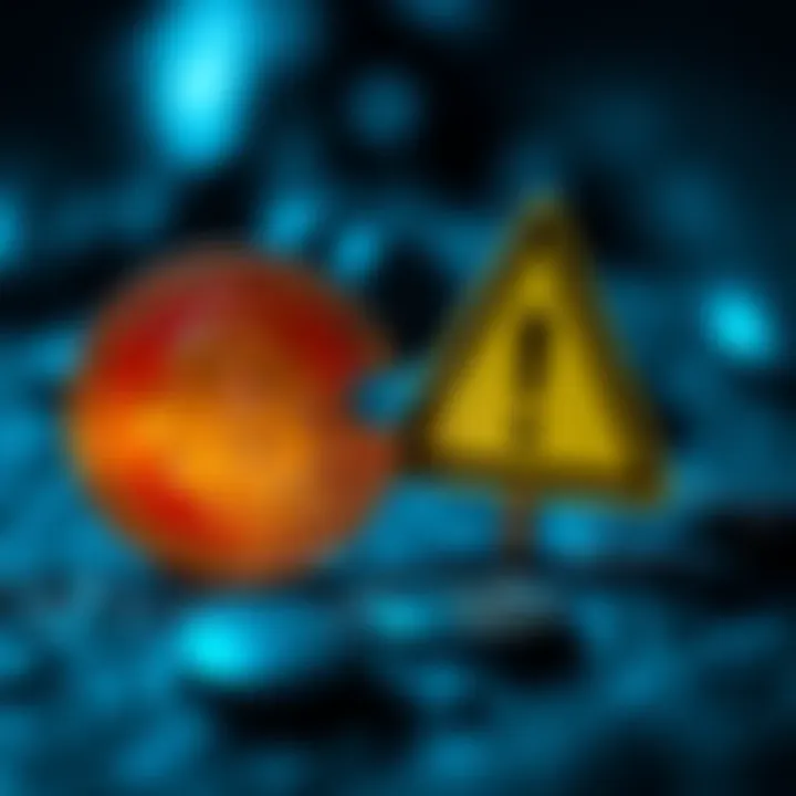 A Bitcoin symbol next to a warning sign indicating volatility, representing the challenges of Bitcoin adoption.