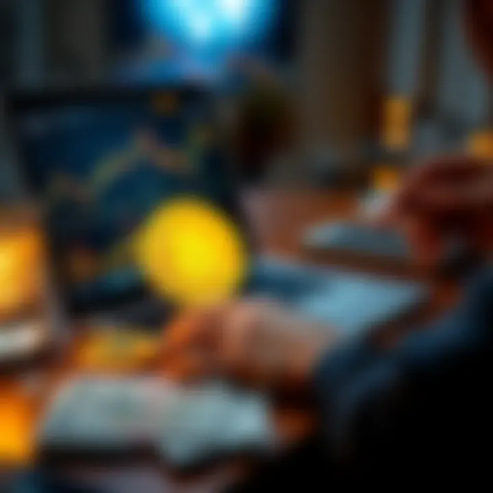 A person analyzing Bitcoin charts on a laptop with a gold coin and cash on the table, representing different investment perspectives.