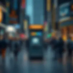 A Bitcoin ATM surrounded by people in a bustling urban area, showing financial accessibility