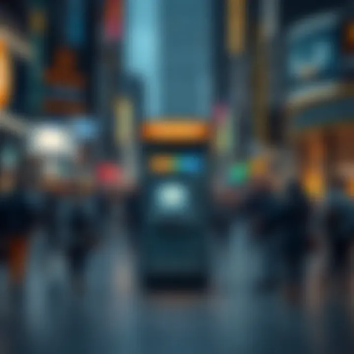 Bitcoin ATM in a busy street A Bitcoin ATM surrounded by people in a bustling urban area, showing financial accessibility
