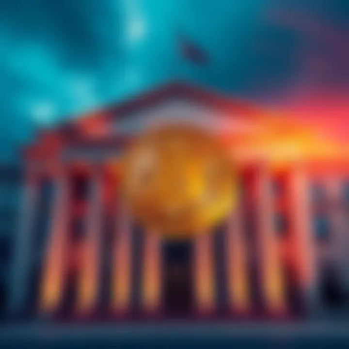 Bitcoin Symbol Overlapping with Bank Building A Bitcoin symbol is shown in front of a traditional bank building, highlighting the contrast between cryptocurrency and traditional banking.