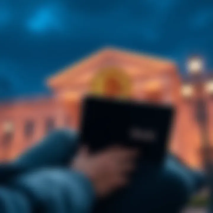 A person examining Bitcoin on a laptop with a traditional bank building in the background, representing the shift from banks to cryptocurrency.