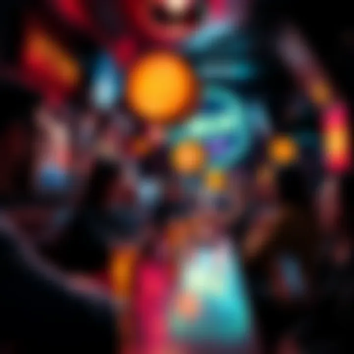 A lively Bitcoin bar featuring patrons enjoying drinks while using digital currency on their devices