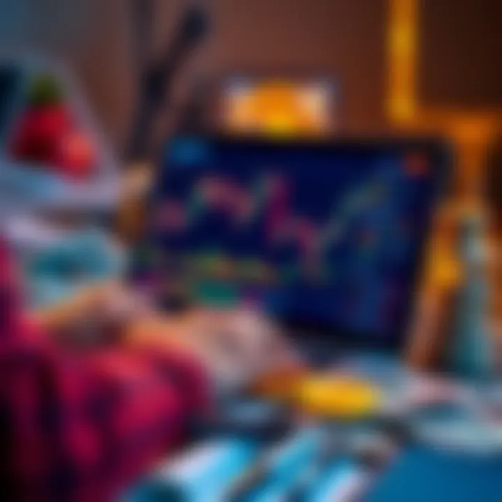 A person reviewing Bitcoin charts and analyzing market trends on a laptop with dollar bills nearby.