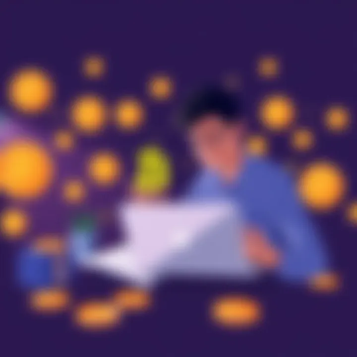 Bitcoin Basics Illustration A beginner exploring Bitcoin concepts with a laptop and a notebook, surrounded by cryptocurrency symbols.