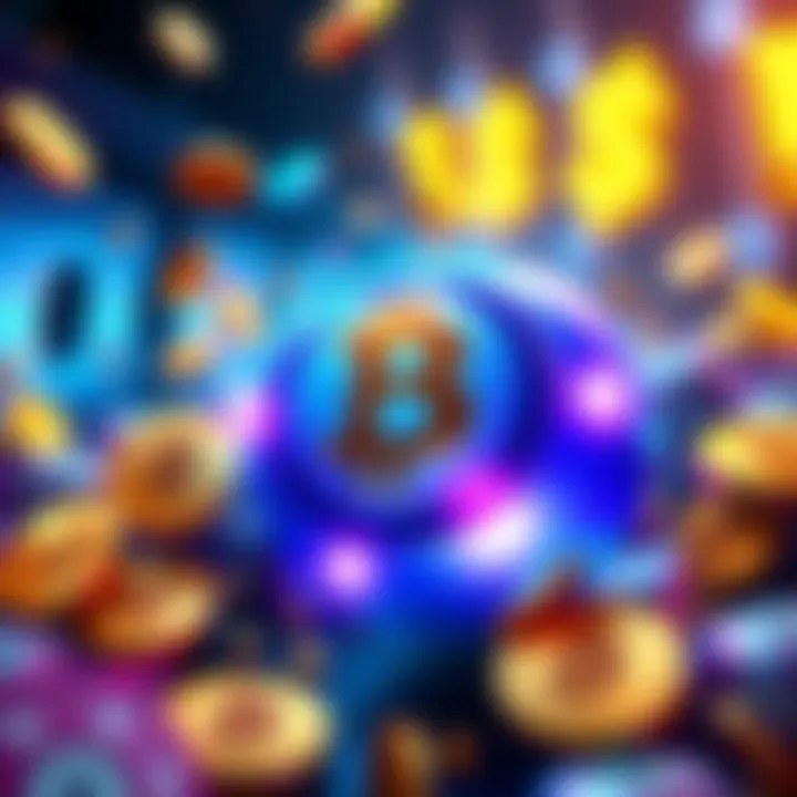 A digital bingo card with Bitcoin symbols on it, surrounded by dollar signs and gaming elements, representing virtual gambling in the US.