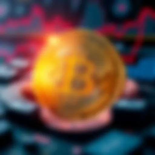 A digital representation of Bitcoin creating a new block every ten minutes against a backdrop of finance icons.