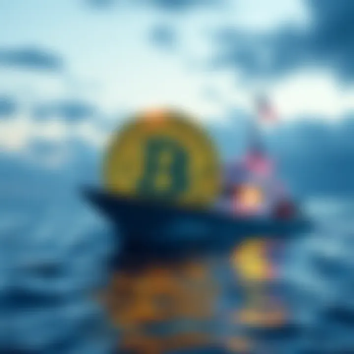 A Bitcoin symbol floats above a boat on water, representing the concept of cryptocurrency safety.