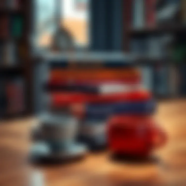 A stack of books about Bitcoin and cryptocurrency on a wooden table, with a cup of coffee beside them.