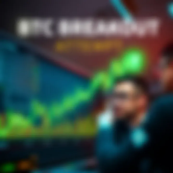 Chart showing Bitcoin price moving upward with a green trend line and traders analyzing the changes