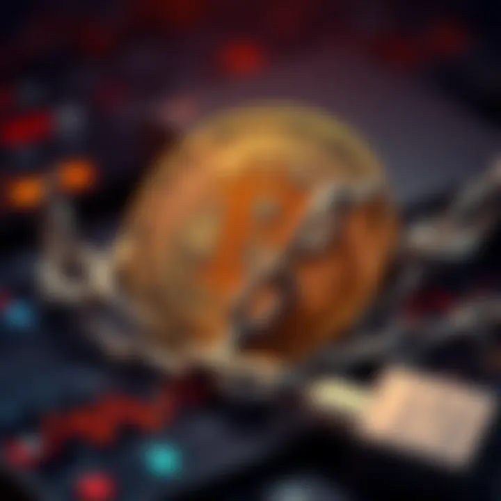 A Bitcoin symbol with broken chains, representing the risks and failures in the crypto market.