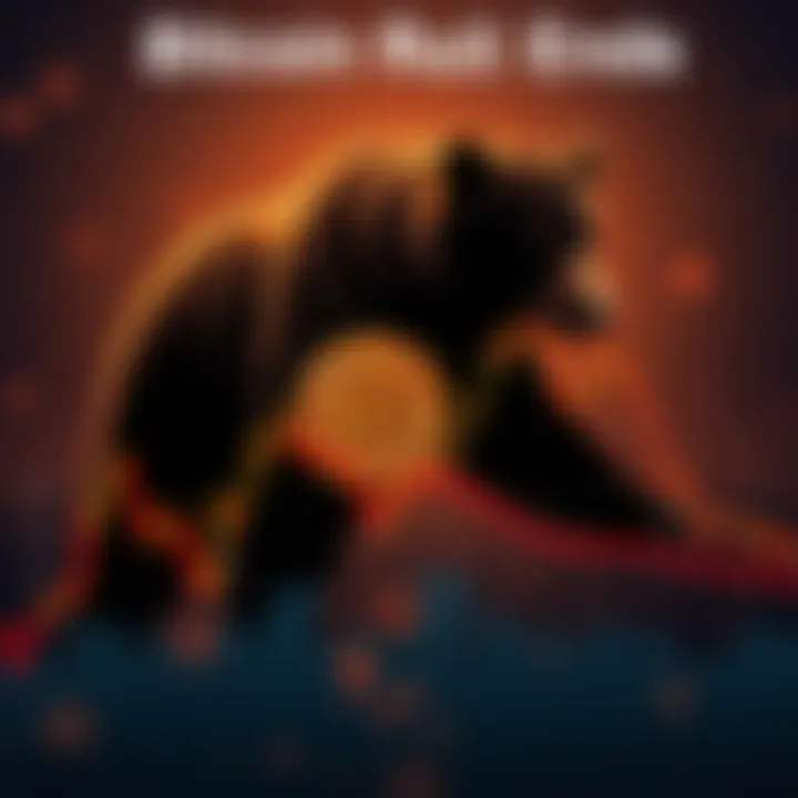 A graph showing a declining trend in Bitcoin's price, symbolizing the end of a long bull run, with a bear silhouette in the background.