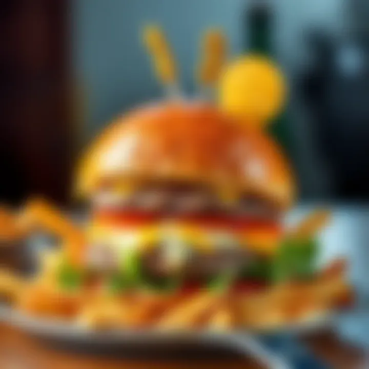 A gourmet burger topped with Bitcoin-themed decorations, sitting on a plate with fries