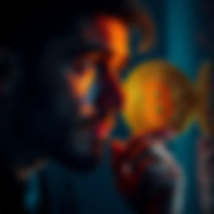 A thoughtful man gazing at a Bitcoin symbol with a concerned expression, pondering his investment decision.