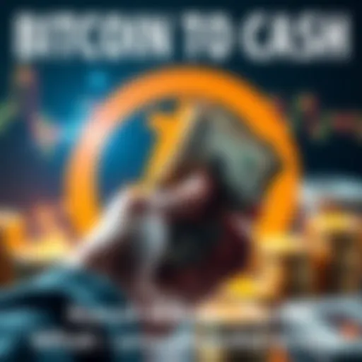 A person holding cash with a Bitcoin symbol in the background, representing the process of converting Bitcoin to cash.