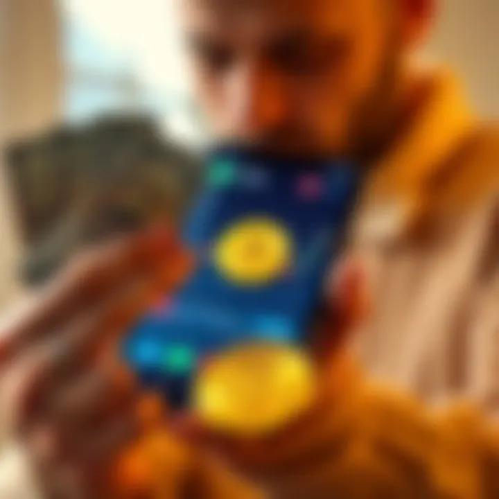A person holding cash while looking at a rising Bitcoin chart on a phone