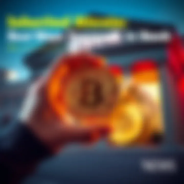 A person holding a Bitcoin symbol while looking at cash and a bank building in the background