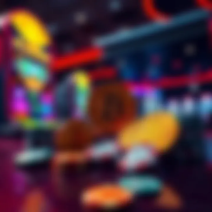 A Bitcoin casino scene featuring colorful chips and a digital display showcasing cryptocurrency games