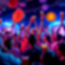 Group of crypto enthusiasts celebrating Bitcoin's rise above $87,000 with banners and drinks.