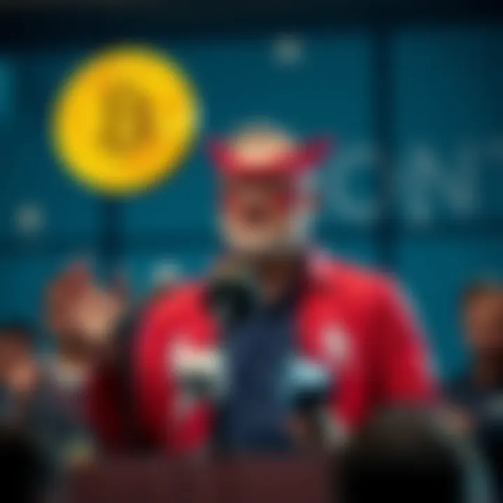 Bitcoin CEO speaking at a press conference about lowering cryptocurrency prices for everyone